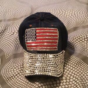 Blue Jean style blinged out ball cap with American Flag blinged.